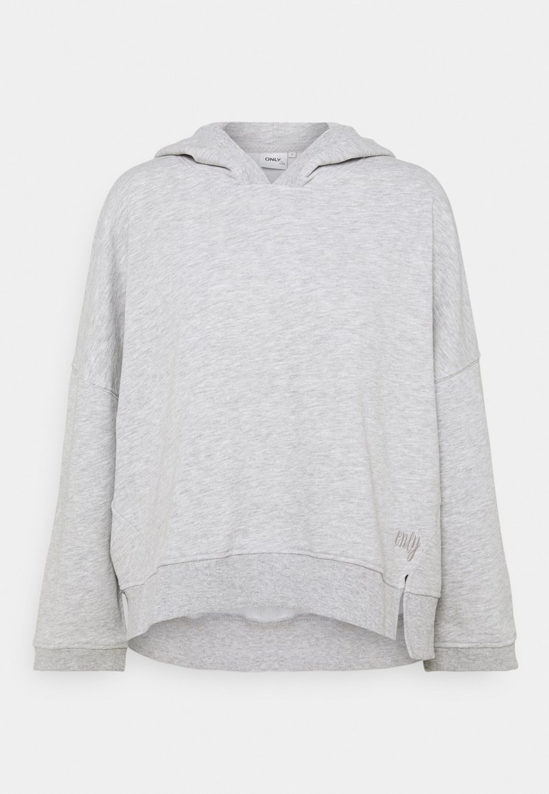 Sudadera gris de manga larga con bolsillo canguro y aberturas laterales. Confeccionada en una suave tela texturizada. Presenta un pequeño logo bordado en el dobladillo.