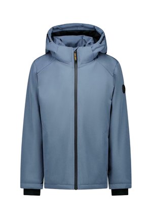 Blauwe winterjas met capuchon, voorrits en zwarte binnenboorden, afgebeeld op een witte achtergrond.