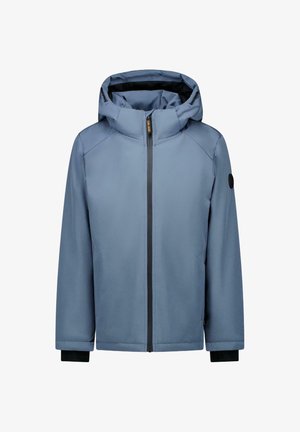 Blauwe winterjas met capuchon, voorrits en zwarte binnenboorden, afgebeeld op een witte achtergrond.