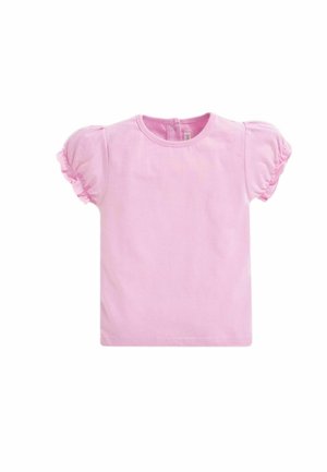 Rosa kurzärmliges T-Shirt mit Puffärmeln, aus weicher Baumwolle. Verfügt über einen runden Halsausschnitt und einen Rückenschluss für einfaches An- und Ausziehen.