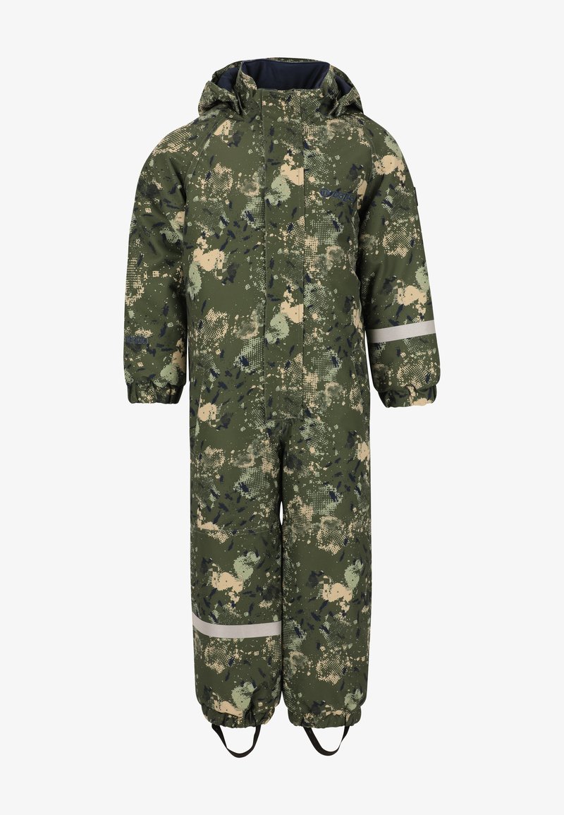 Grüner Tarnschneeanzug mit Kapuze, mit einem strukturierten Muster, reflektierenden Streifen und elastischen Bündchen an den Knöcheln und Ärmeln.
