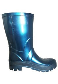 Botte en caoutchouc bleue avec une finition brillante, des panneaux latéraux texturés, une semelle à crampons et un design à bout rond. Convient aux conditions humides.