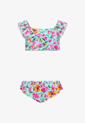 Blumiges Bikiniset mit einem hellblauen Hintergrund und pinken sowie gelben Blumen. Das Oberteil hat Rüschensäume; das Unterteil hat ein passendes Muster und Volants.
