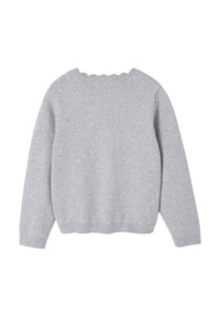 Grauer Pullover mit langen Ärmeln, gerippten Bündchen und Saum, runder, gewellter Ausschnitt, aus weichem, strukturiertem Stoff. Rückansicht gezeigt.