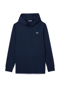 Mörk marinblå hoodie av slät tyg, med en framstående känguruficka, långa ärmar och en liten grön broderad logga på bröstet.