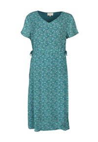 Blumenmusterkleid in Türkis, mit V-Ausschnitt, kurzen Ärmeln und seitlichen Bindebändern für eine verstellbare Passform, aus leichtem Stoff gefertigt.