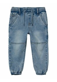 Pantaloni jogger in denim di colore azzurro chiaro con vita elastica, coulisse e polsini elasticizzati. Presentano quattro tasche e dettagli di pannello cucito.