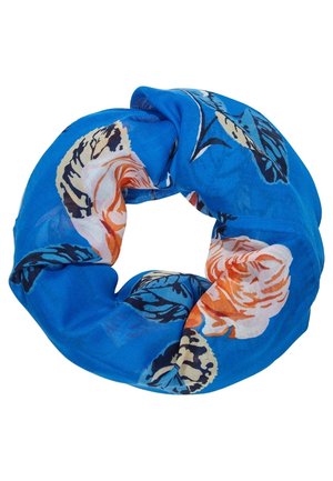 Blå stofscrunchie med blomsterprint i nuancer af orange, beige og mørkeblå, arrangeret i en cirkulær form.