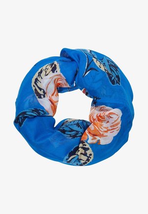 Chouchou en tissu bleu avec des imprimés floraux dans des nuances d'orange, beige et bleu foncé, disposé en forme circulaire.