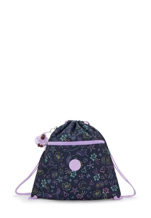 Borsa a cordino in tessuto blu navy, caratterizzata da motivi colorati di stelle e animali, arricchita da un bordo lilla e un ciondolo a forma di scimmia.