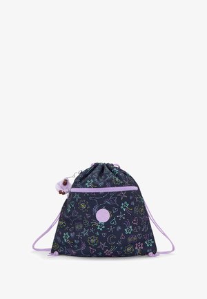 Schnürbeutel aus navy Stoff, mit bunten Mustern von Sternen und Tieren, akzentuiert von einem Lavendelbesatz und einem Charm in Form eines Affen.