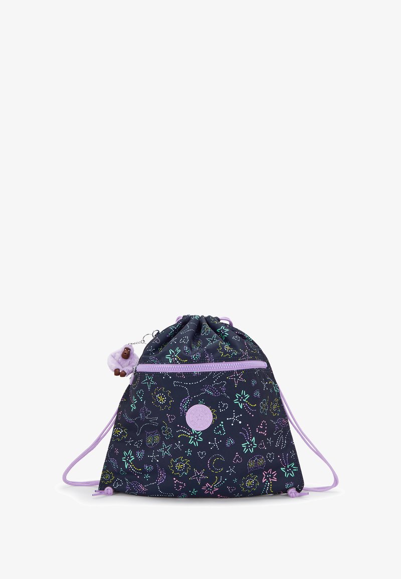 Snopepose i marineblåt stof med farverige mønstre af stjerner og dyr, prydet med en lavendelkant og et vedhæng af en abe.