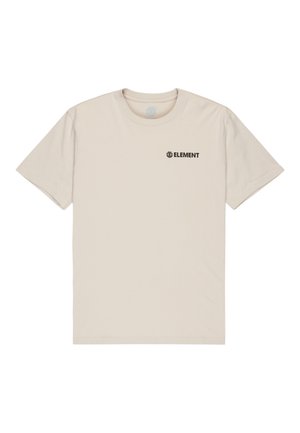 Camiseta de algodón beige con mangas cortas, cuello redondo y un pequeño logo negro "ELEMENT" impreso en el lado izquierdo del pecho.