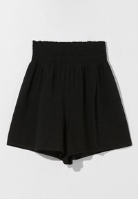 Svarta shorts med resårmidja, har en lös passform och plisserad design. Tillverkade av mjukt tyg, de har en slät yta.