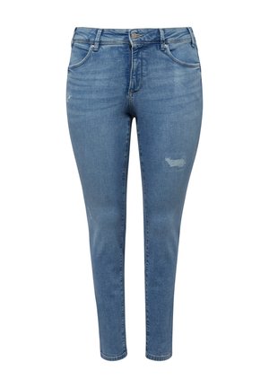 Hellblaue Slim-Fit-Jeans mit dezenten Used-Details, Fünf-Taschen-Stil, Knopfverschluss und Gürtelschlaufen.
