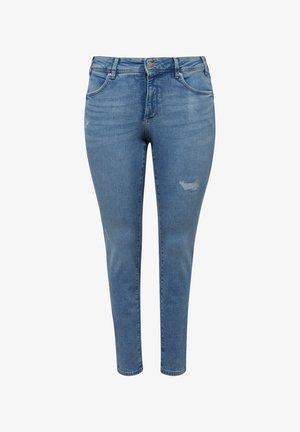 Hellblaue Slim-Fit-Jeans mit dezenten Used-Details, Fünf-Taschen-Stil, Knopfverschluss und Gürtelschlaufen.