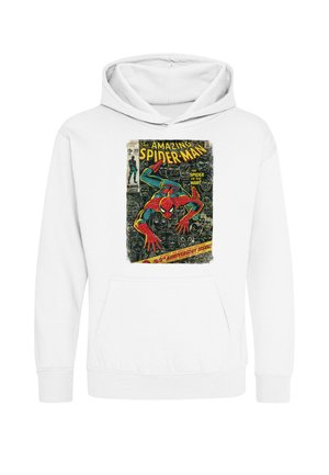 Felpa bianca con cappuccio con una copertina di fumetto vintage di Spider-Man accovacciato, con testo del titolo giallo e rosso e sfondo nero con volti.