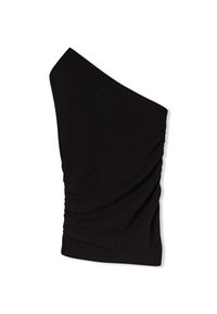 Czarny top na jedno ramię z dopasowanym krojem, marszczoną teksturą po jednej stronie oraz gładkim wykończeniem materiału z delikatnym połyskiem.