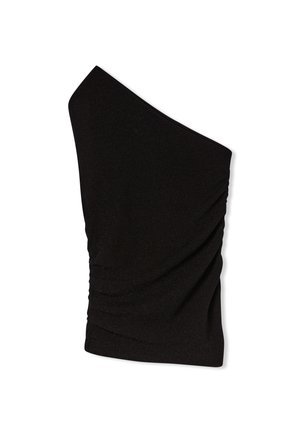 Czarny top na jedno ramię z dopasowanym krojem, marszczoną teksturą po jednej stronie oraz gładkim wykończeniem materiału z delikatnym połyskiem.