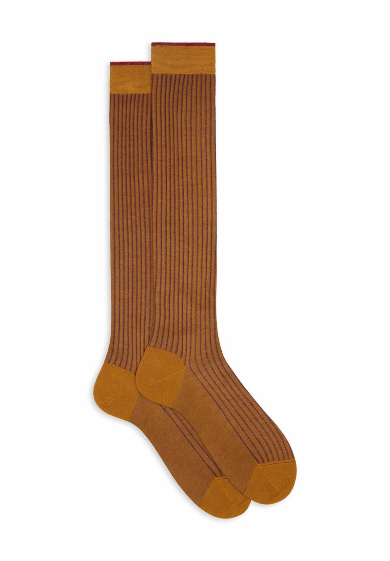 Calze marroni fino al ginocchio con strisce viola scuro, texture liscia, punta rinforzata e dettagli a contrasto con i polsini gialli.