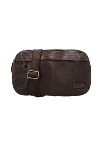 Brown leather shoulder bag with a rectangular shape, textured finish, adjustable strap, and a zip closure. Features a stitched accent and logo.
