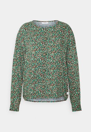 Blouse met lange mouwen en ronde hals, voorzien van een dicht abstract bloemenpatroon in groen, bruin, wit en zwart op een lichtgewicht stof.