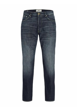 Dunkelblaue Jeans aus Denim mit geradem Bein, ausgestattet mit Fronttaschen, einem Knopfverschluss und dezenten Waschungen auf dem Stoff.