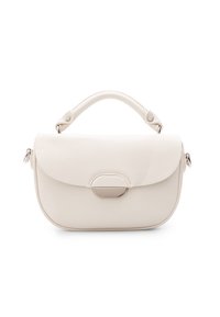 Kremowa skórzana torebka o strukturalnym designie, zaokrąglonej klapce i srebrnym zapięciu. Posiada krótki uchwyt z detalami przeszycia.