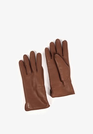 Brown leather gloves with four fingers and a thumb, featuring a subtle seam detail and a smooth texture. Logo on wrist area.