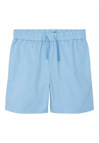 Lichtblauwe katoenen shorts met een elastische tailleband en verstelbare trekkoord. Gladde textuur, rechte pasvorm en geen zichtbare patronen.