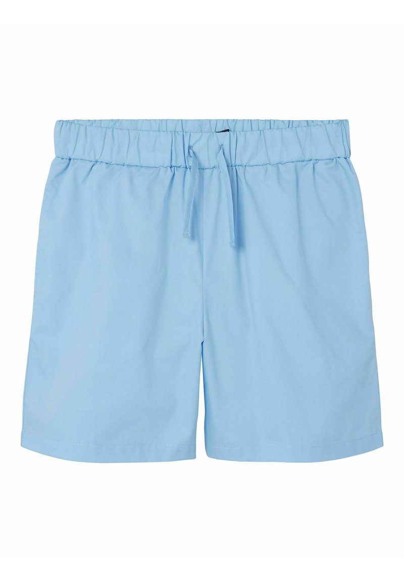 Lichtblauwe katoenen shorts met een elastische tailleband en verstelbare trekkoord. Gladde textuur, rechte pasvorm en geen zichtbare patronen.