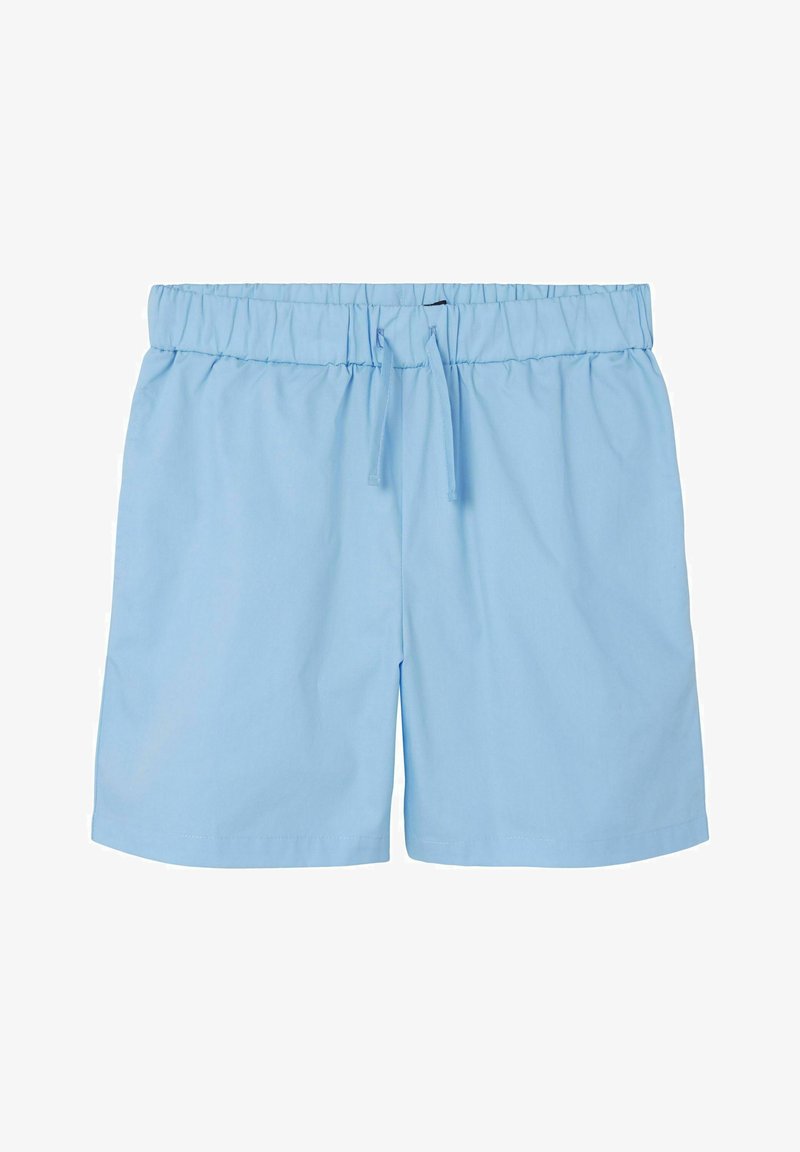 Light blue cotton shorts with an elastic waistband and adjustable drawstring. Smooth texture, straight fit, and no visible patterns.