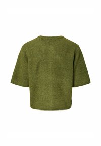 Pull court tricoté vert à manches courtes avec un col rond et une texture côtelée, présentant une forme ample et une coupe légèrement courte.