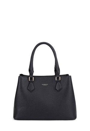 Borsa a mano in pelle nera con superficie testurizzata, due manici superiori, dettagli in metallo dorato e forma rettangolare. Logo esposto sul fronte.