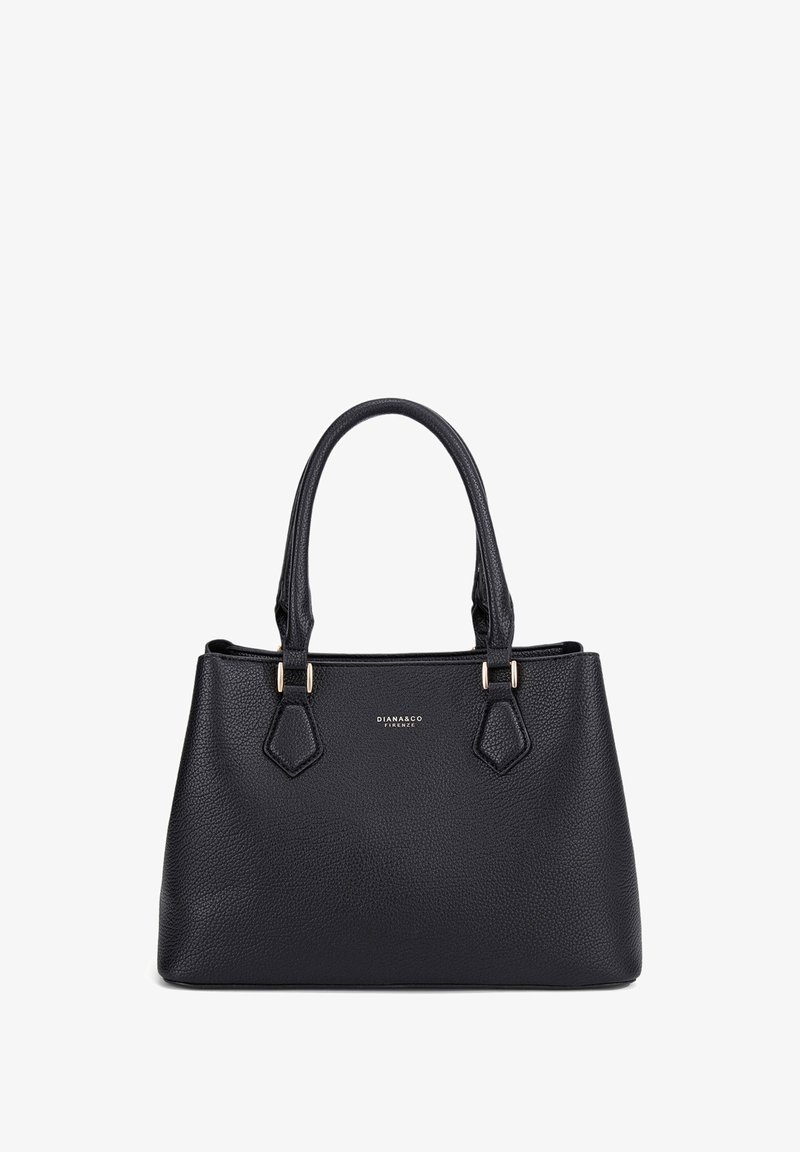 Borsa a mano in pelle nera con superficie testurizzata, due manici superiori, dettagli in metallo dorato e forma rettangolare. Logo esposto sul fronte.