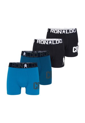 Vier boxershorts in blauw en zwart, elk met de tekst "CR7" en "RONALDO" op de tailleband, gerangschikt in twee rijen op een witte achtergrond.