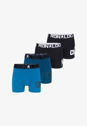 Vier boxershorts in blauw en zwart, elk met de tekst "CR7" en "RONALDO" op de tailleband, gerangschikt in twee rijen op een witte achtergrond.