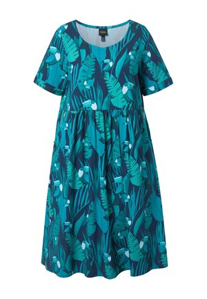 Korte mouwen knie-lange jurk met blauwe en turquoise tropische bladeren en toekanprint, ronde halslijn en geplooide taille.