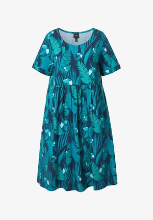 Korte mouwen knie-lange jurk met blauwe en turquoise tropische bladeren en toekanprint, ronde halslijn en geplooide taille.