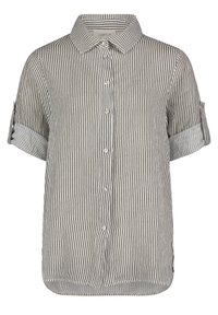 Camicia a maniche corte con bottoni di colore beige chiaro, caratterizzata da sottili strisce verticali nere, colletto, polsini arrotolati e un orlo dritto.
