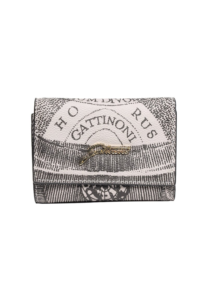 Compacte portemonnee met zwart-wit vintage kaartprint, voorzien van goudkleurig Gattinoni-logo op de voorflap.