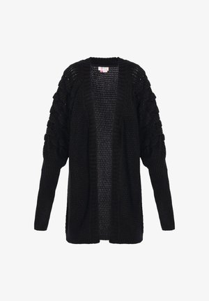 Cardigan negru cu deschidere frontală, din tricot, cu manșete umflate texturate și manșete cu efect canelat, realizat dintr-un material grossier țesut.