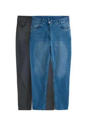 Zwei Paare Jeans flach ausgelegt: eine dunkelgraue und eine hellblaue. Beide haben ein klassisches Fünf-Taschen-Design und eine gerade Passform.