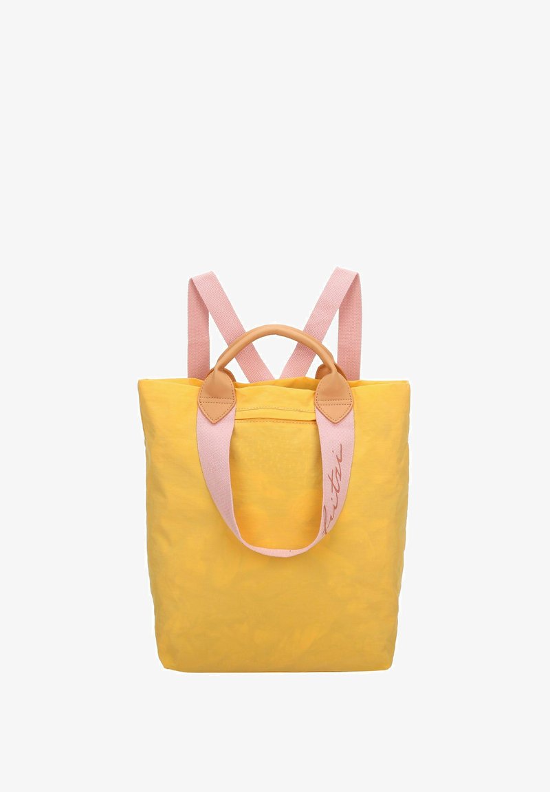 Borsa a tote gialla con manici in tela rosa, una maniglia superiore e una finitura resistente. Presenta dettagli cuciti e un design squadrato.