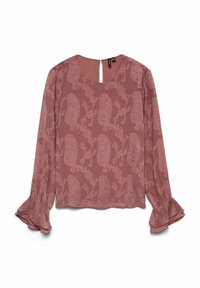 Blusa rosa semi-trasparente con maniche lunghe, presenta polsini arruffati, scollatura rotonda e motivo a foglia paisley. Chiusura a chiave sul retro.