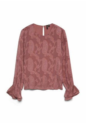 Roze semi-doorzichtige blouse met lange mouwen, voorzien van ruches aan de mouwen, een ronde halslijn en een paisley bladmotief. Sleutelgat sluiting aan de achterkant.