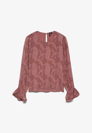 Blouse rose semi-transparente avec des manches longues, présentant des poignets à volants, un col rond et un motif de feuilles paisley. Fermeture en forme de clef au dos.