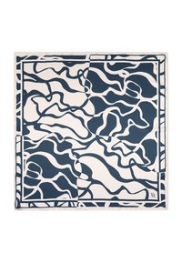 Tissu en coton à motifs présentant des lignes fluides et entrelacées bleu marine sur un fond crème, bordé d'un cadre fin bleu marine.