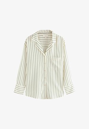 Cămașă de pijama albă cu dungi verticale negre, având guler, închidere cu nasturi pe toată lungimea, mâneci lungi și un singur buzunar pe piept.