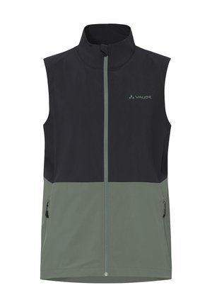Gilet senza maniche da esterno con cerniera frontale, collo alto, due tasche con cerniera, pannelli superiori neri e inferiori grigi, logo Vaude sul petto.